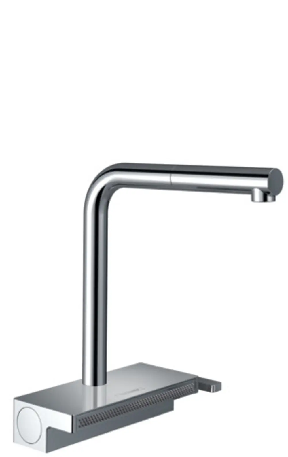 Chromfarbener Küchenmischer von Hansgrohe mit einem hohen, geraden Auslauf und einer schmalen Basis, ausgestattet mit einem Ausziehschlauch für flexible Nutzung.